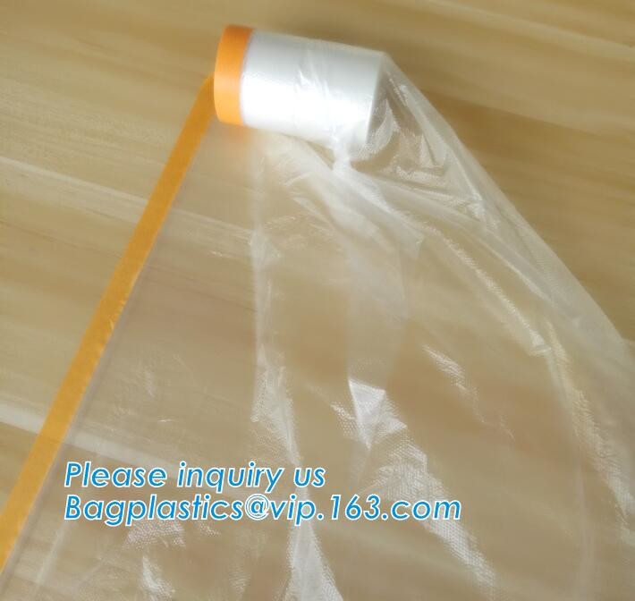 Disposable PE pre-taped self static cling masking film, Cover mask plastic drop film PE protection film with tape, BAGEA