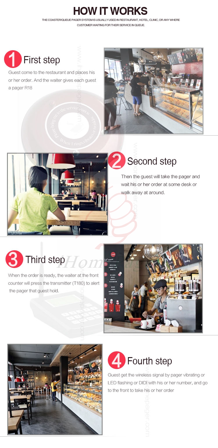 customer number calling and vibrating coaster pager for cook calling customer to collect food or drinks