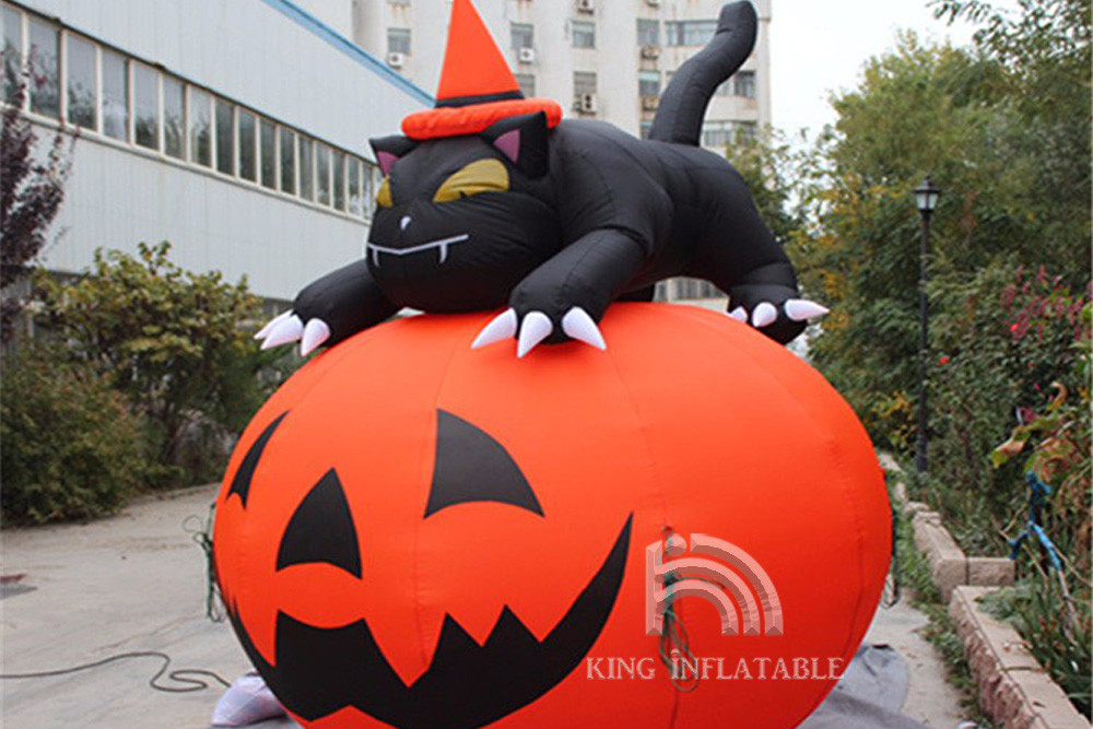 Giant Inflatable Pumpkin Ghost With Black Cat Outdoor Scary Props Halloween Decorations