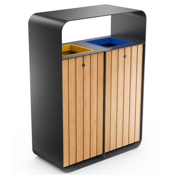 Contemporary Outdoor Wooden Garbage Bin 2 Compartments Recycling Bin Public