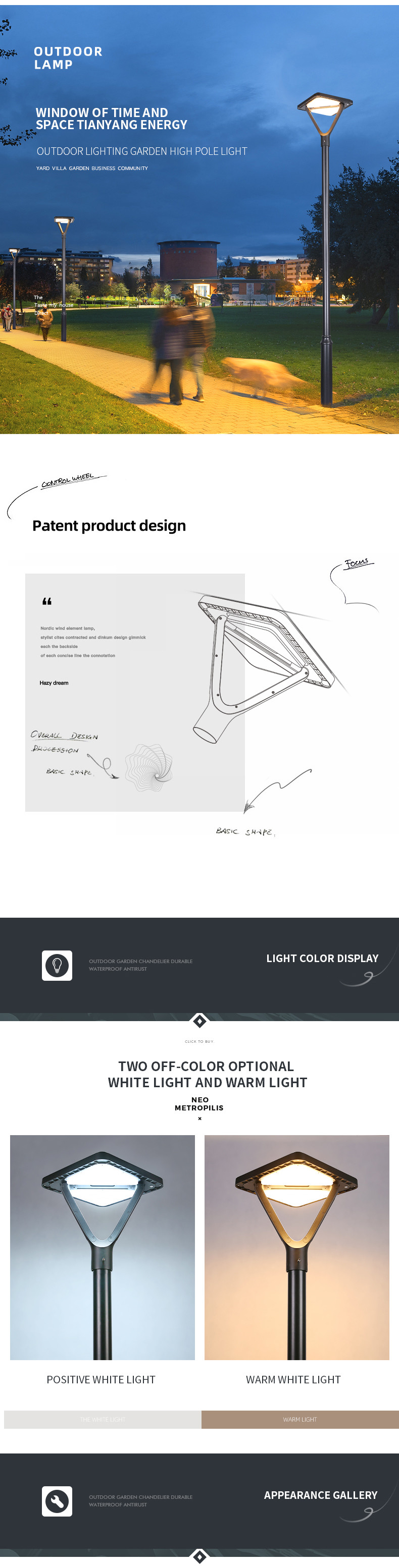 courtyard solar led lights 40w 400*400mm 420mm Lithium Iron Phosphate 3.2v/20000mah