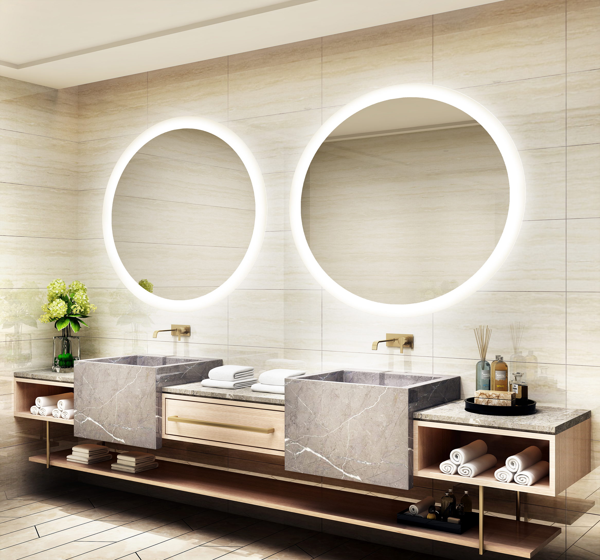 Smart Touch Screen LED Mirror Bathroom Luxury IP44 Suitable Defogger and Time Display