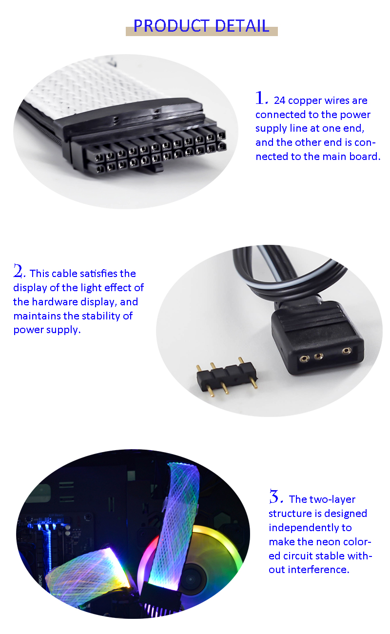 RGB 24pin Extension CableNet Sync Cord Cable for Computer Gaming Led Strip Light Extension Cable PC AC Power Cord