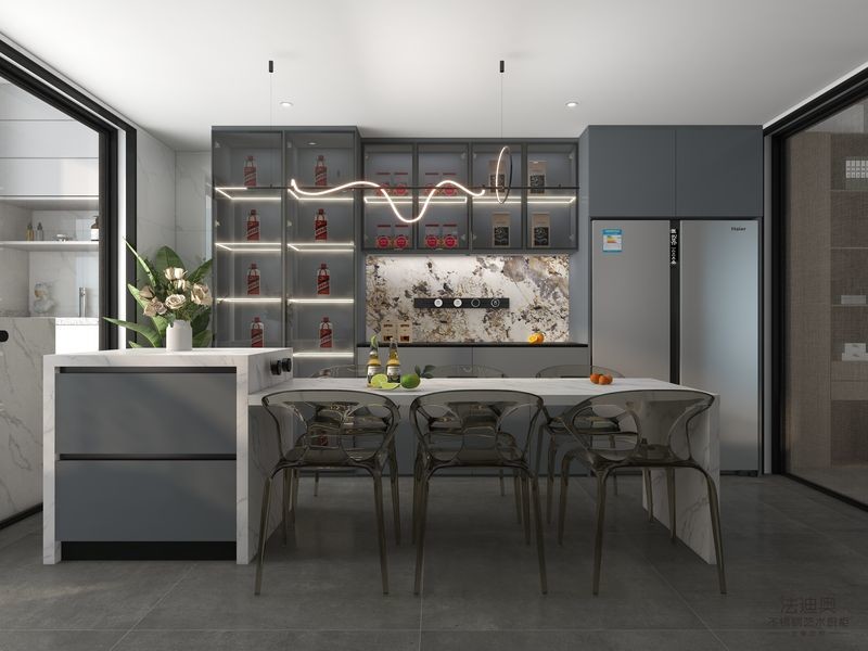 Fadior Gray-Blue Stainless Steel Double Linear Kitchen Cabinets With Wine Storage And Multifunctional Island