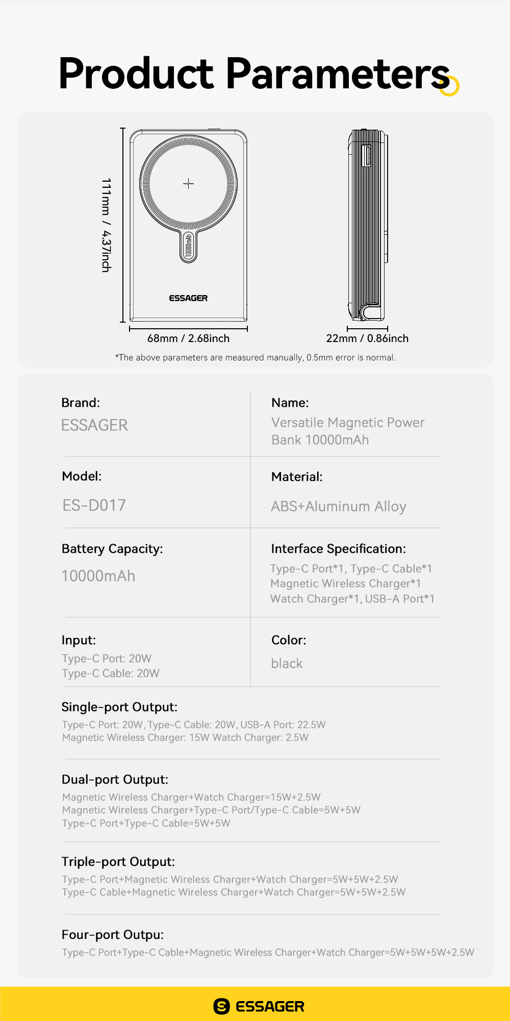 ESSAGER ES-D019 Wireless Magnetic Power Bank 10000mah Battery Bank