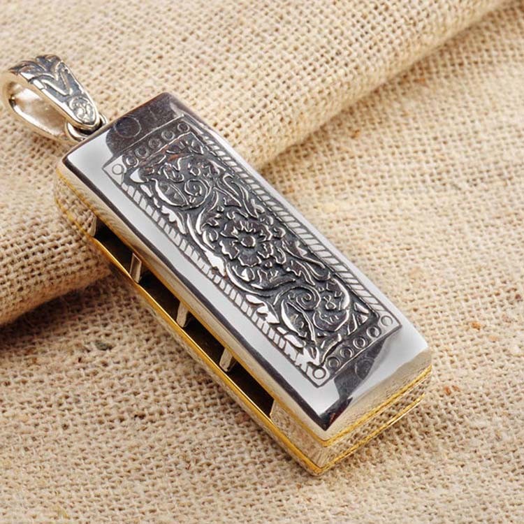 Retro Mens Sterling Silver Necklace with Mouth Organ Pendant and Wheat Chain (003817W)