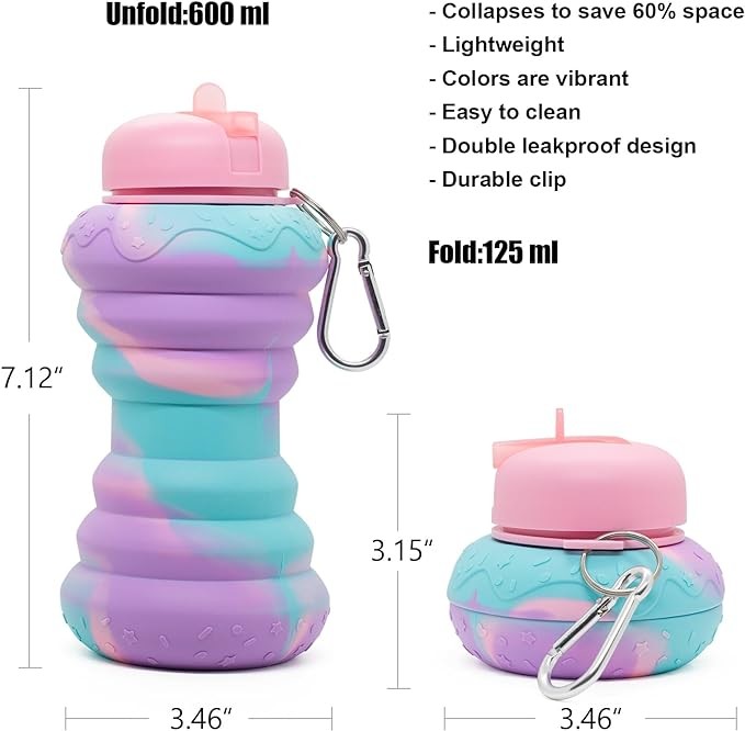 Doughnut Collapsible Water Bottle For Kids 19oz BPA Free Leakproof Silicone Rainbow Water Bottles For School Students