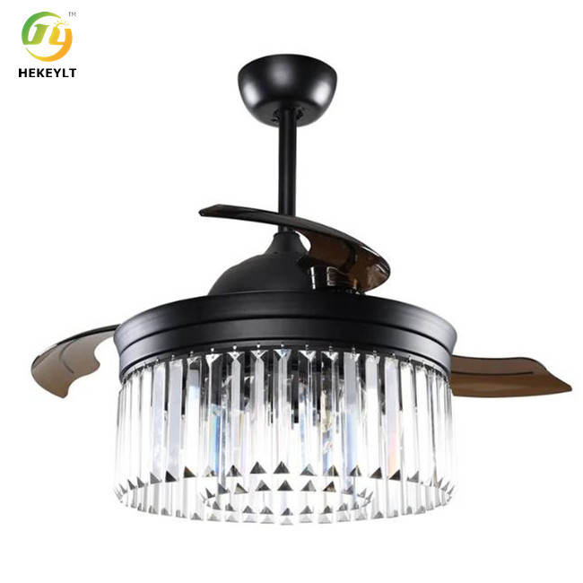42 Inch Retractable Ceiling Crystal Fan Light LED With Remote Control
