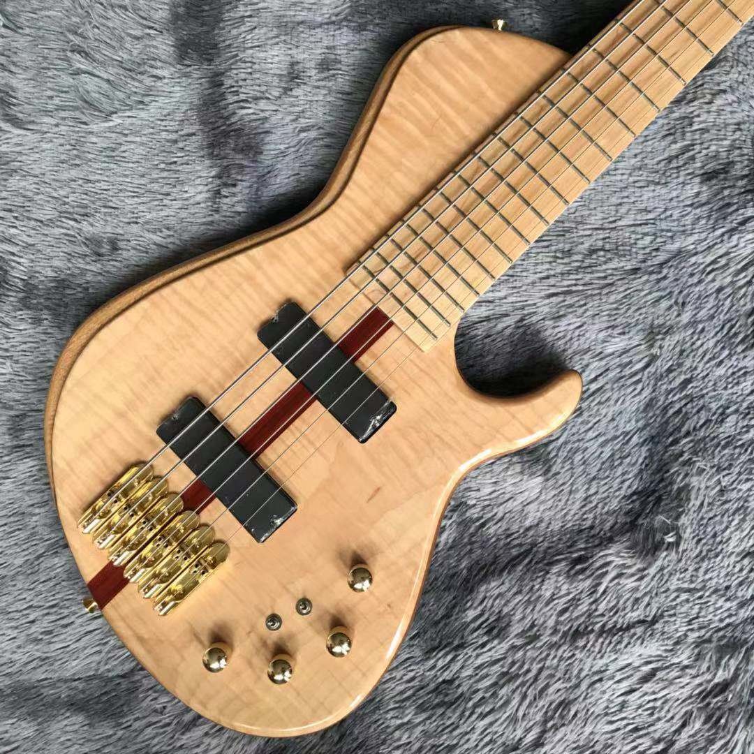 Custom Neck Throu Body Flamed Maple Top Ash Wood 6 Strings Guitar Bass with 940mm Scale Lengthen