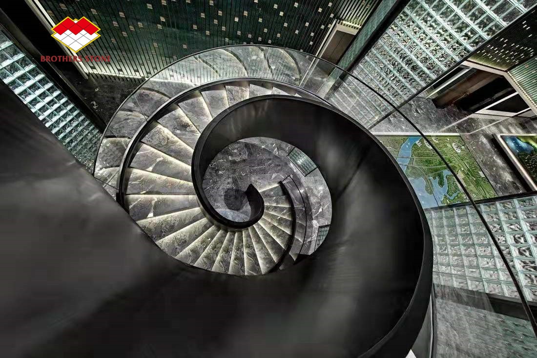 Unique Blue Onyx Backlighting Stair Risers Balustrade for 8-30mm Thickness Arc Stairs