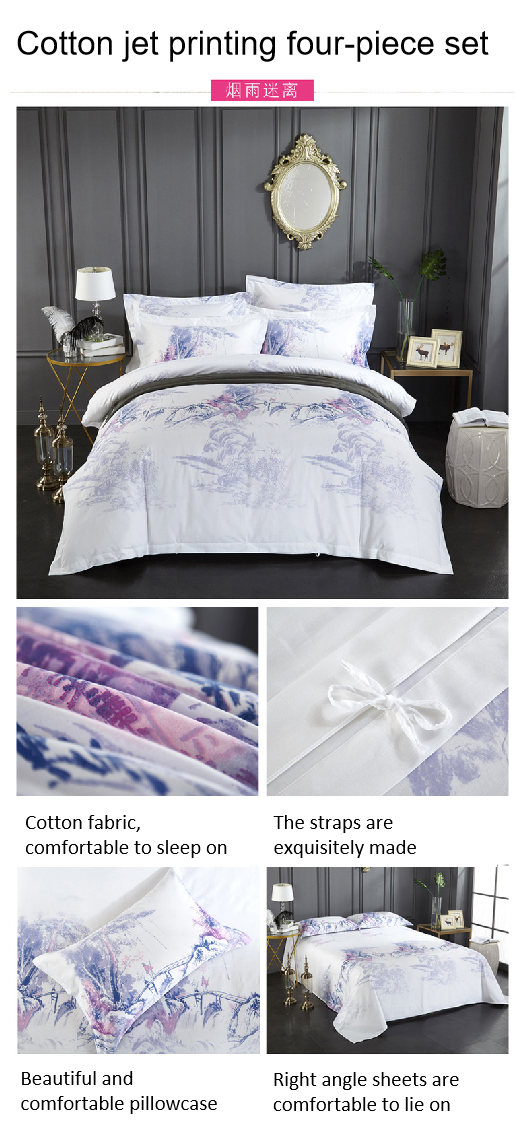 300tc Chinese Ethnic Style Printed Four-Piece Cotton Bedding Set for Popular Hotel