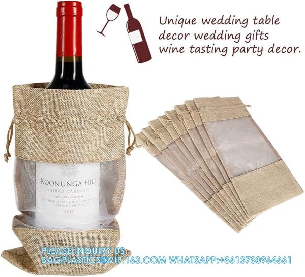 Jute Wine Bags, 10pcs Burlap Wine Bottle Gift Bags 750ml With Sheer Window