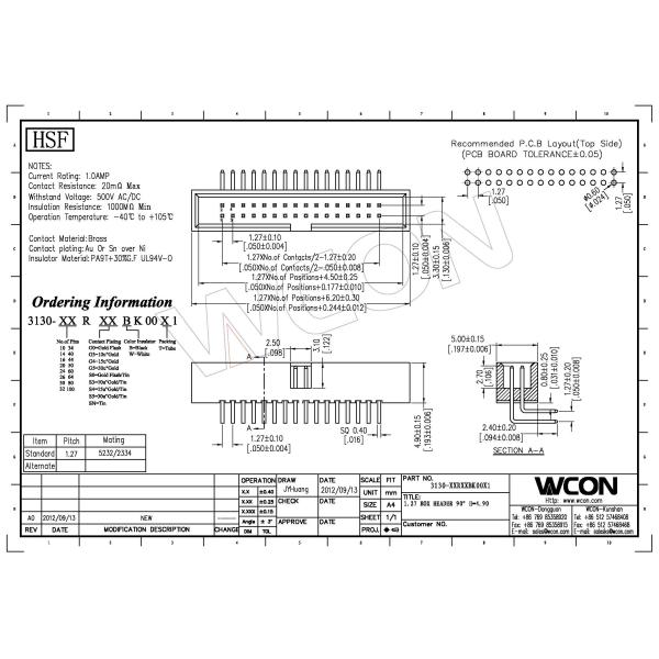 Tin Plating 2*10P 90° DIP Box Male Header Connector 1.27 Pitch PA9T