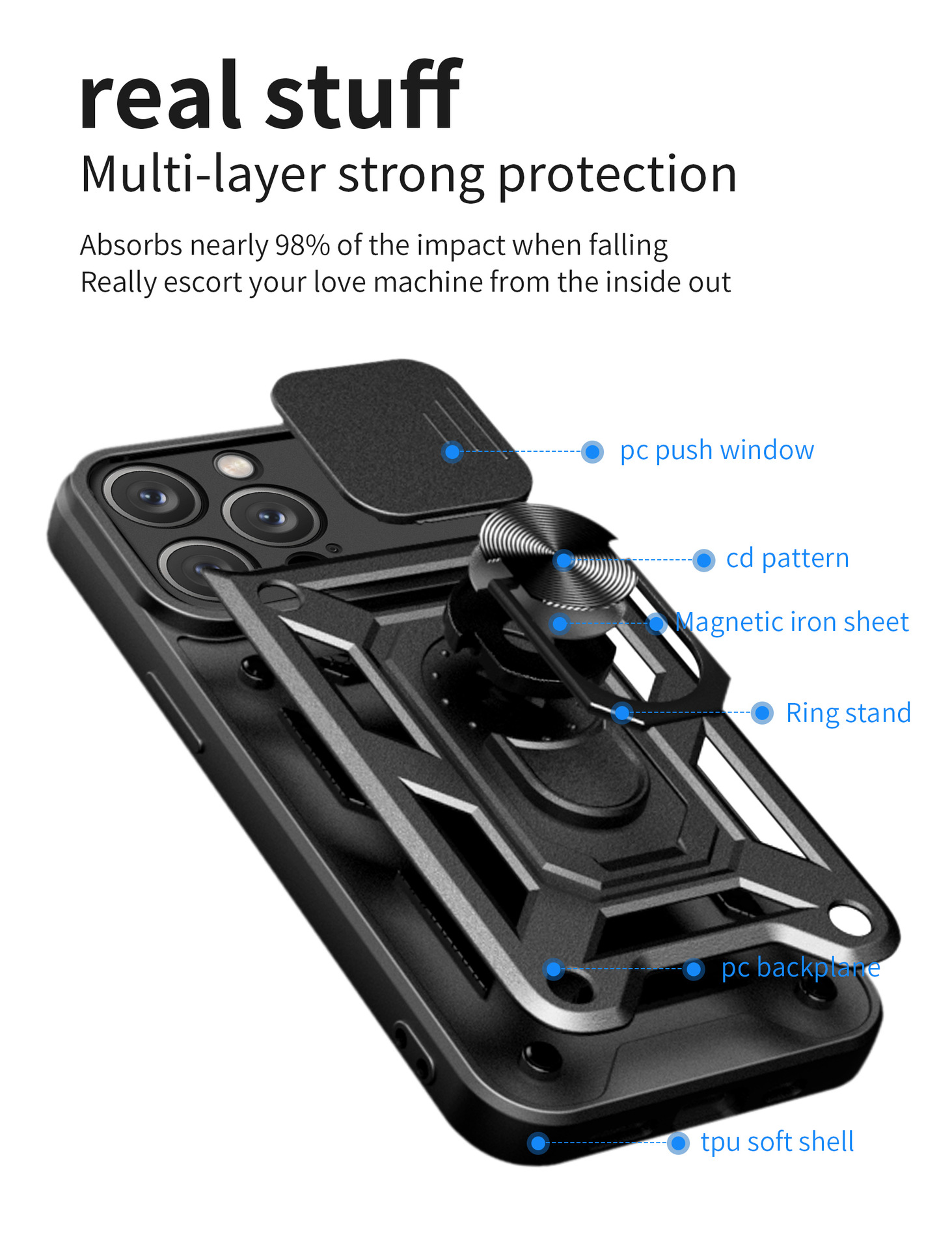 iPhone TPU Camera Protection Mobile Back Cover Hybrid Shockproof Kickstand Ring Phone Case