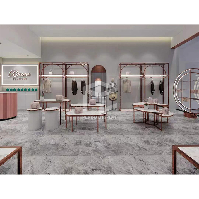 Customized Gold Color Clothing Shop Fitting Garment Booth Display