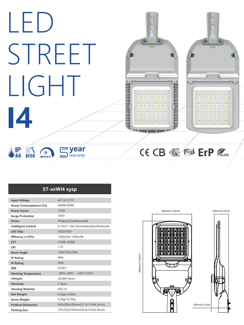 60W-300W Outdoor LED Street Lamp Solar IP66 Garden