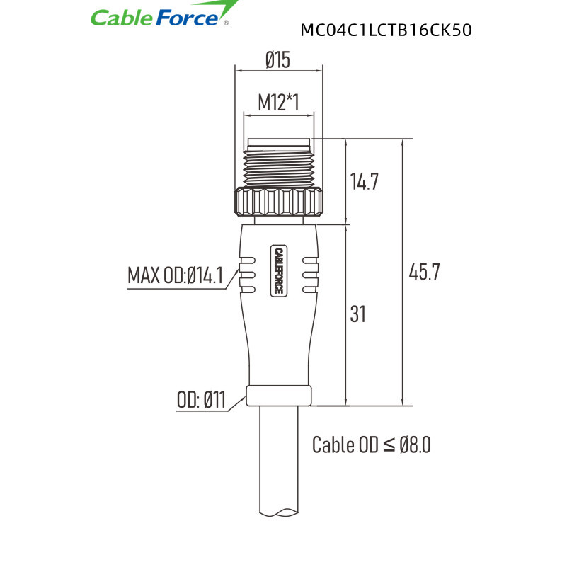 M12 T Code Male 4 Pin Connector Molded With 12A Power Cable Unshielded Free End
