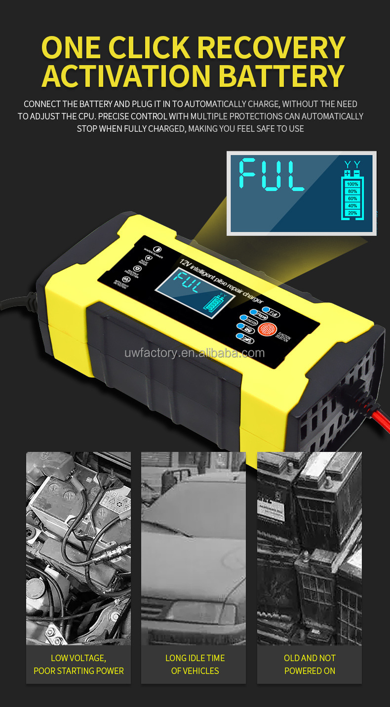12V/10A and 24V/5A Input Universal Automatic Pulse Repair Trickle Lead Acid Battery Charger with Current Protection