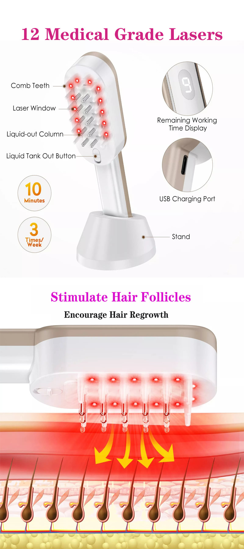 New Metal Teeth Design Hair Loss Treatment Ems Laser Vibration Massage Electric Hair Regrowth Comb With Liquid Guide