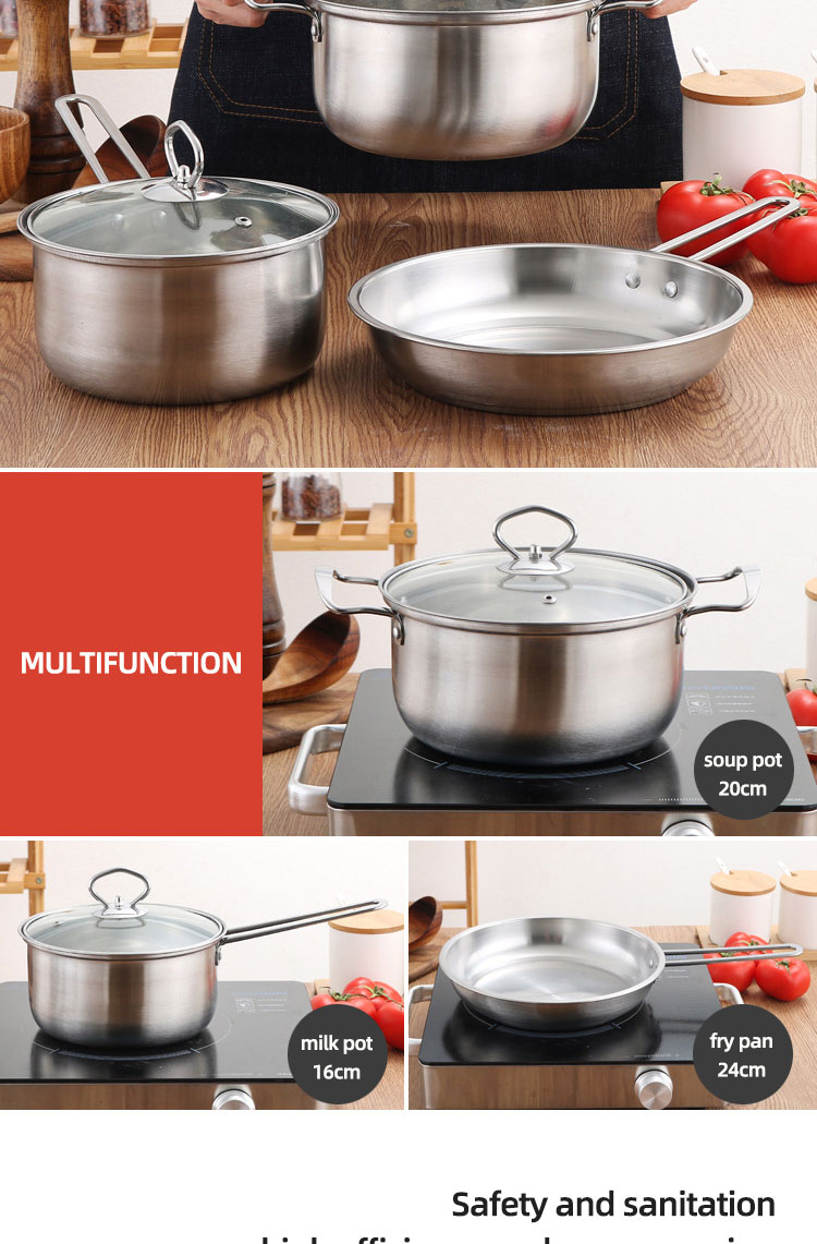 Kitchen Household Stainless Steel 3 Piece Pot And Pan Set Suit Ollas Cookware Set Cooking Pot Set