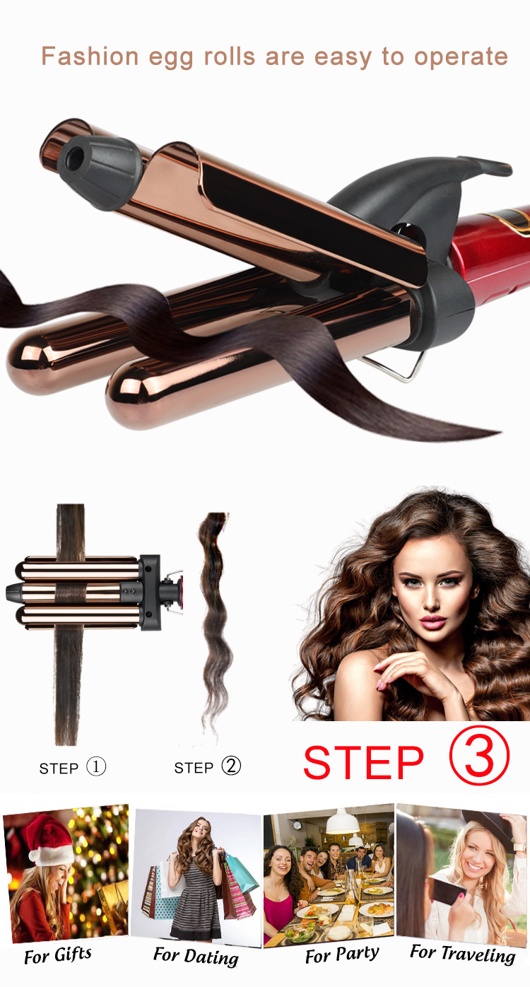 Titanium Coated Hair Curling Iron 3 Barrel Wand Temperature Adjustable With LCD Screen