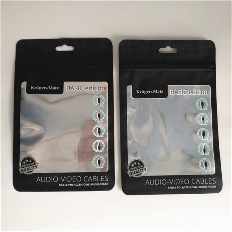 Matte Black Aluminium Foil Pouch Phone Case Packaging Wire Cable Zipper Lock With Clear Window