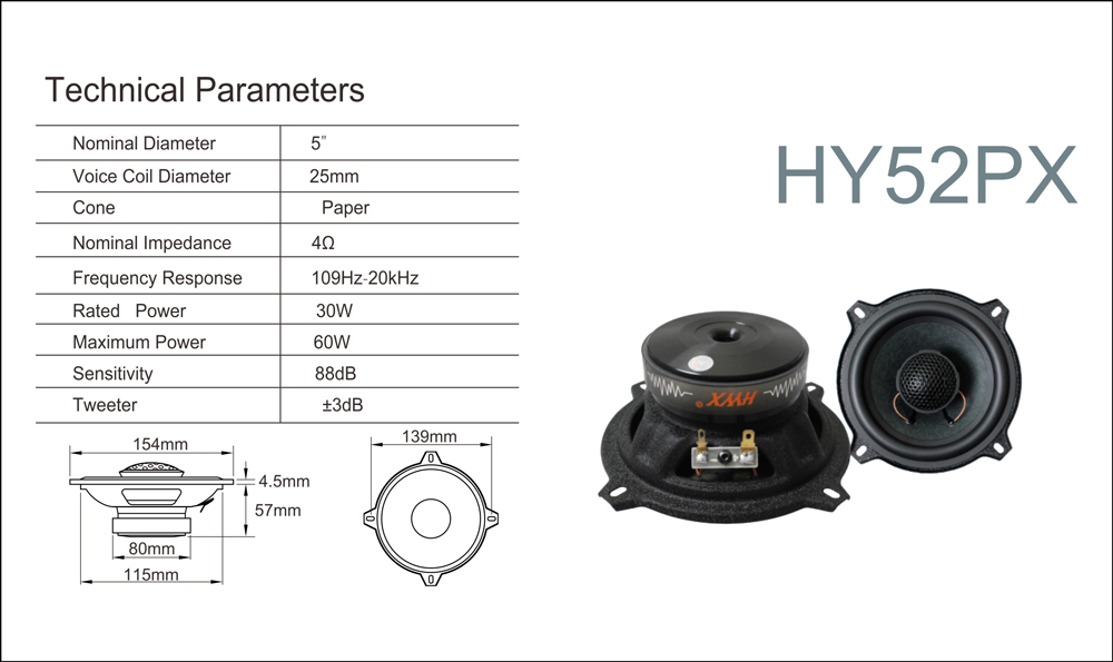 Black Paper Cone 50W RMS 5.25 Inch SPL Car Speakers