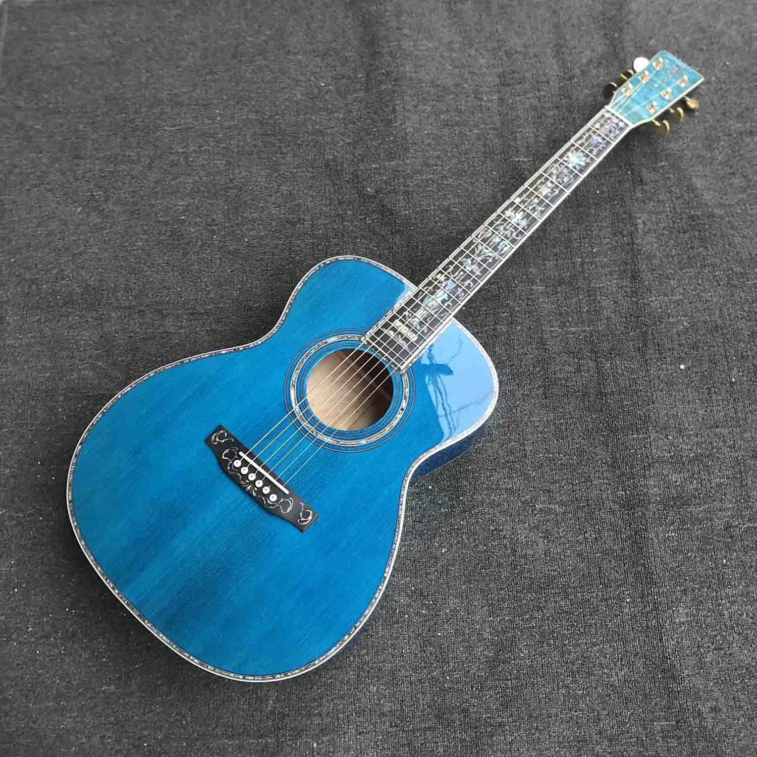 Custom OM Body Acoustic Electric Guitar Real Abalone Inlays Ebony Fingerboard Burst Maple Water Wave 301 Electronic
