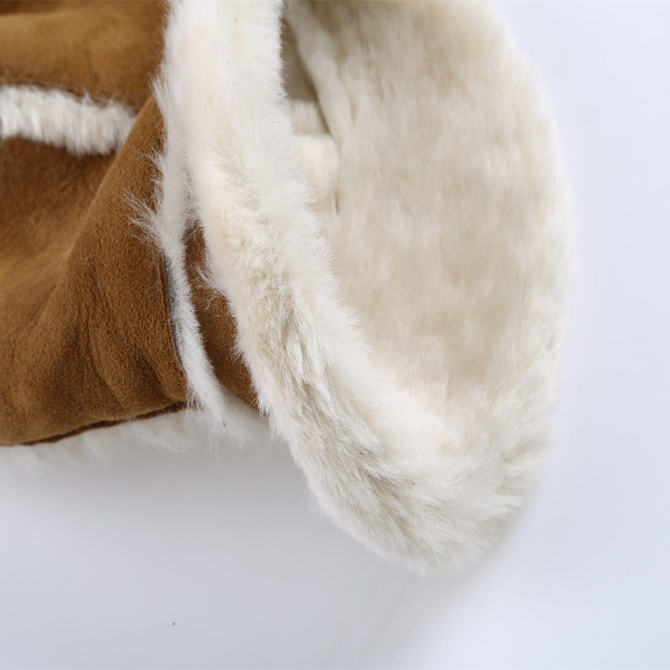 Shearling Double Face Sheepskin Beanie Hat For Adults Plain Pattern Camel Color