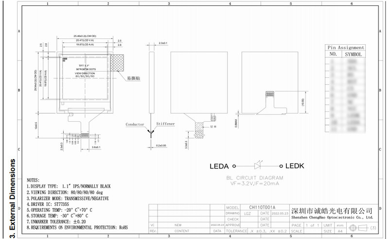 96X96 Dots TFT LCD Display 1.1inch 4 Line SPI TFT LCD Panels With ST7735S