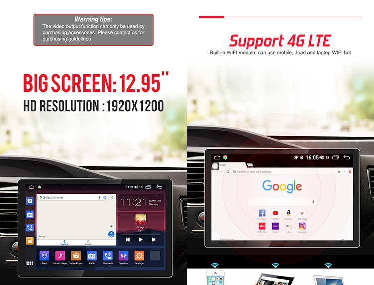 Universal Car Stereo 12.95inch QLED Screen With 4G DSP Wireless Carplay And Android Auto