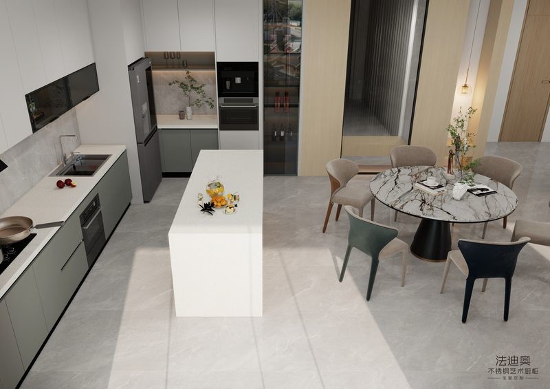 L-Shaped Layout Modern Stainless Steel Kitchen Cabinets With Functional Quartz Island