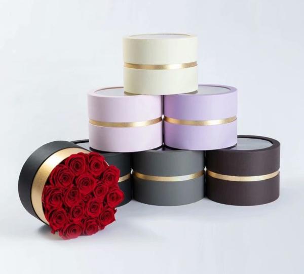 Round Bouquet Corrugated Cardboard Packaging Rose Flower Bucket Boxes Gold