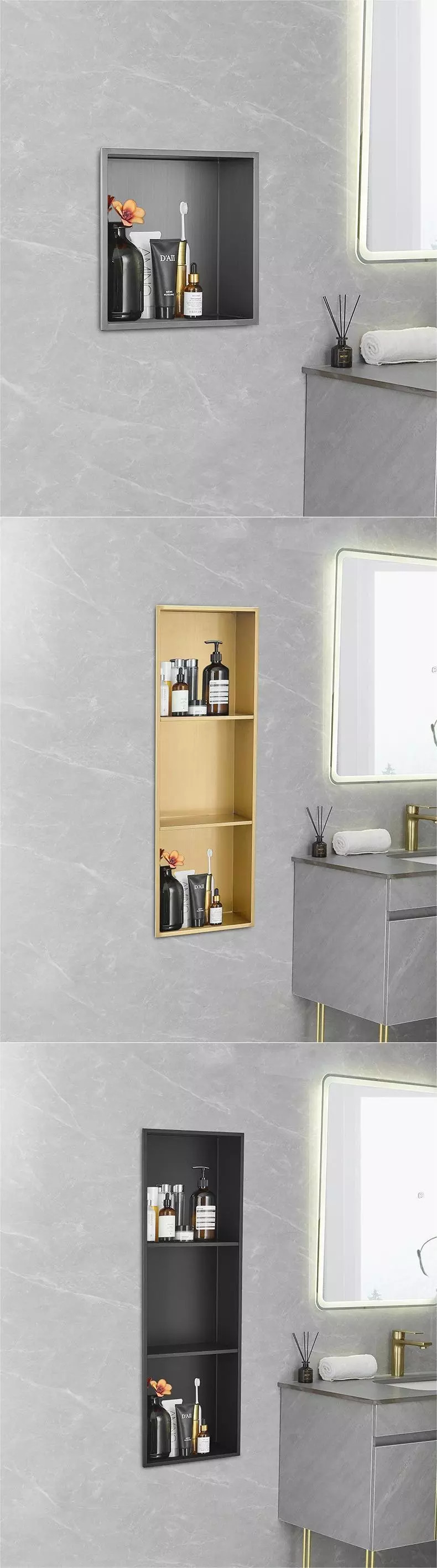 Customized Grid 304 316 Black Color Brushed Hairline Stainless Steel Bathroom Wall Decorative Shower Niche