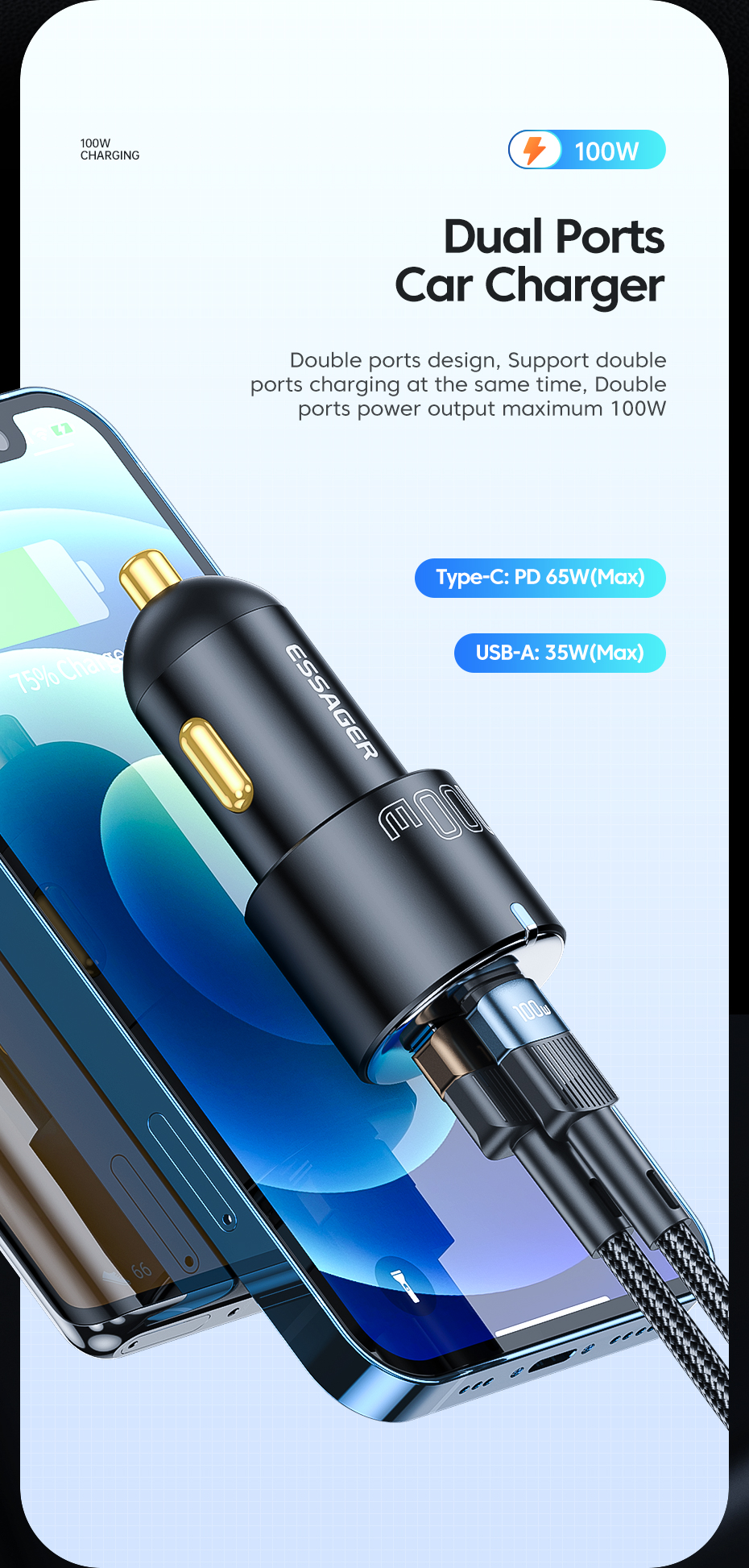 A+C Car Charger Black PD65W Type C And 35W USB-A Dual Port 100W Car Charger