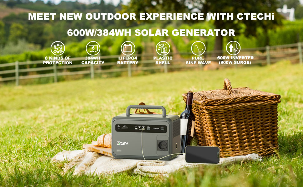 CPAP 600W Portable Power Station 24W Grey LED Solar Panel Generator