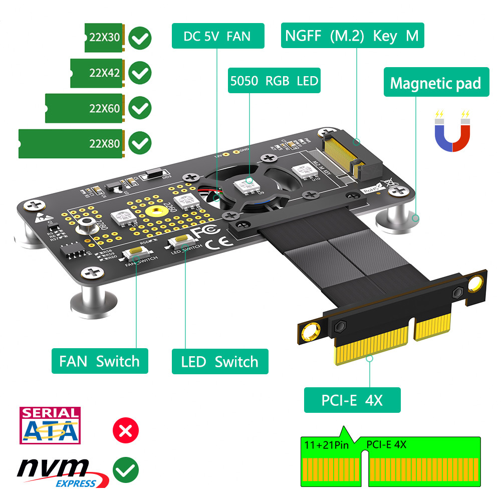 PCI Express PCI-E 3.0 4X to NGFF M.2 2280 M2 NVME SSD Converter Adapter Card Cooling Fan + High Speed Extension Cable 100MM