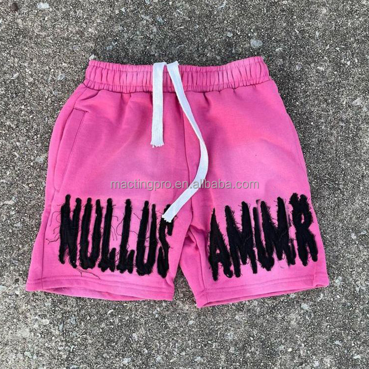 Red Running Acid Wash Distressed Shorts Set Vintage Style Sun Fade Sweat Shorts Embroidered Logo