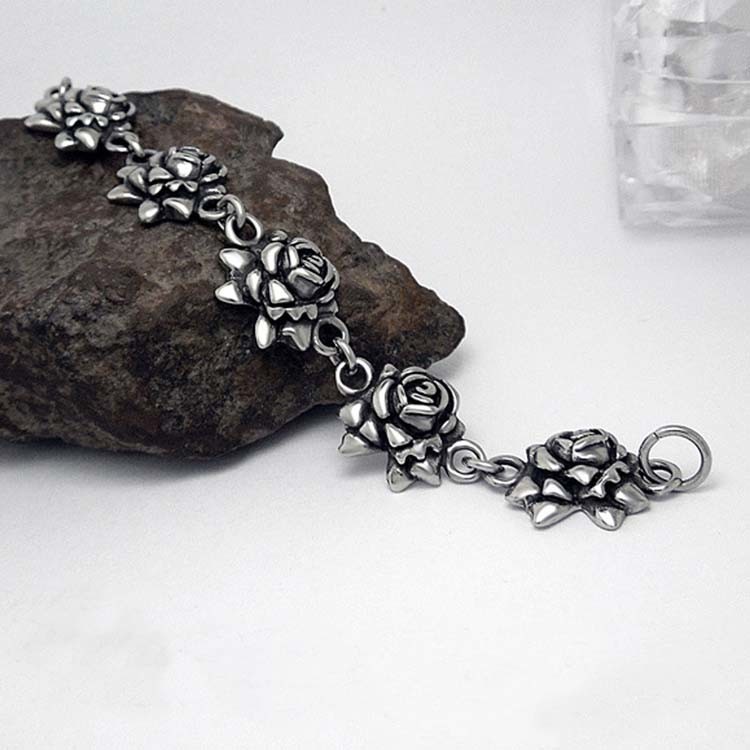 925 Silver Plated Titanium Stainless Steel Vintage Old Rose Link Bracelet (CE123)