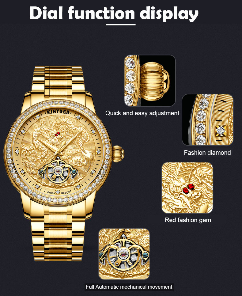 Dragon Embossed Mens Mechanical Watches Butterfly Double Buckle