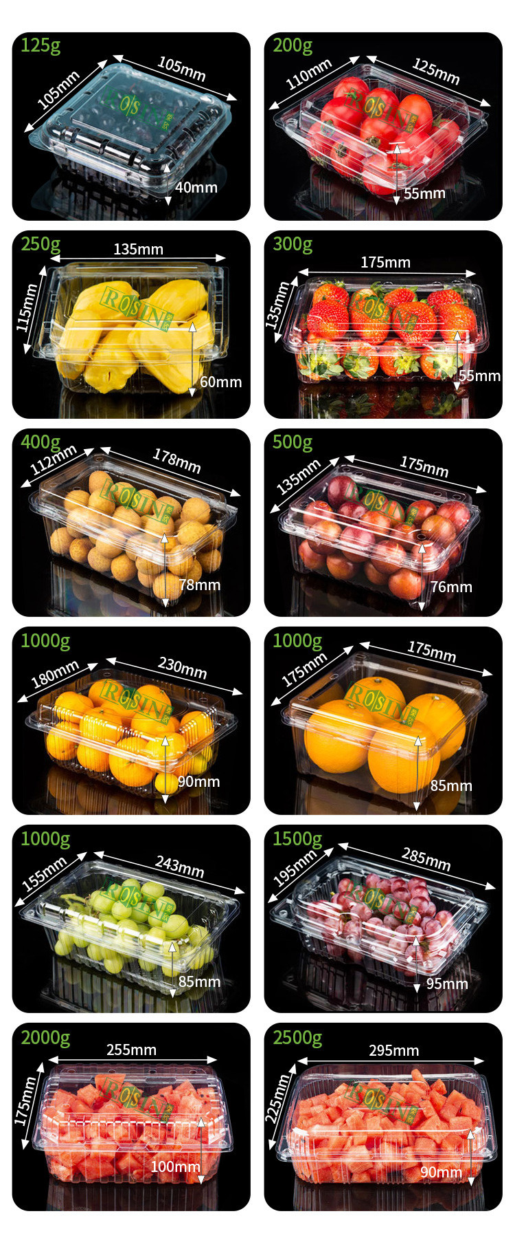 Custom Blister Transparent Reusable Hinged Fruit Clamshell Box Disposable Clear Plastic Container Packing Box For Fruit Salad With Holes