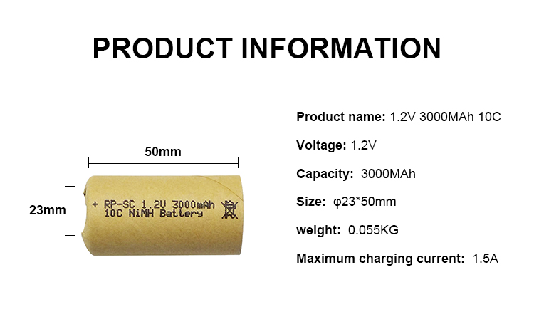Nickel 10c Battery Cell Sub-C SC3000mah 1.2 V Ni Mh Rechargeable Battery