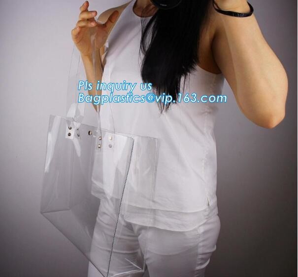 patch handle pe die cut large clear plastic bags with your own logo, pvc tote bag with leather handles tote bag PVC hand