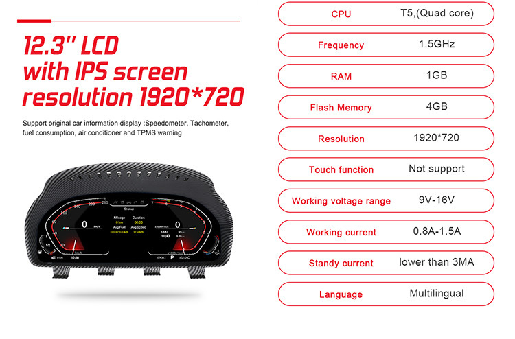 BMW F10 Car Dashboard Digital Speedometer 12.3 Inch 1920*720 IPS