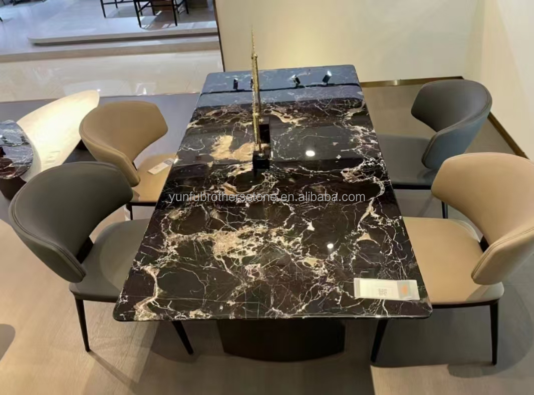 Modern Polished Black Rose Marble Big Slab Dining Table Set for Villa and Hotel Design