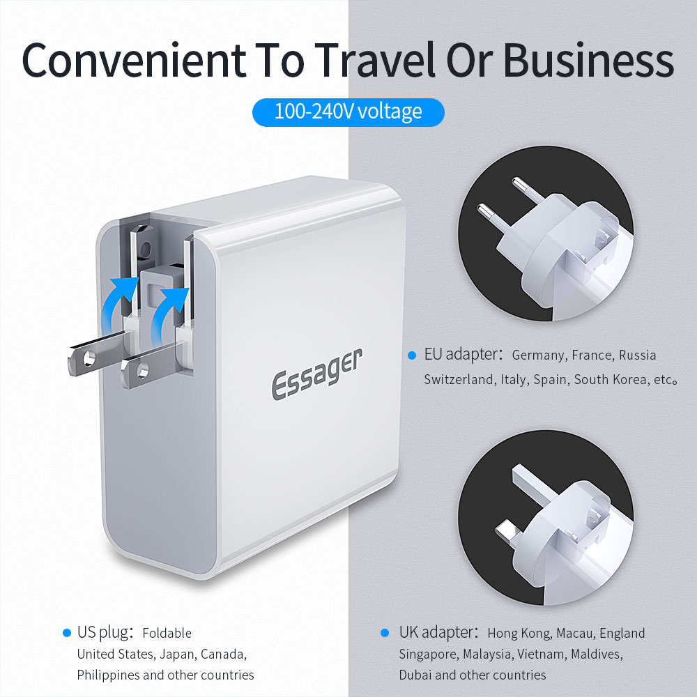 Essager 2021 Earl High-quality Essager 48W PD Charger 4 Port Wall Charger QC3.0 Wall Charger UK US Adapter