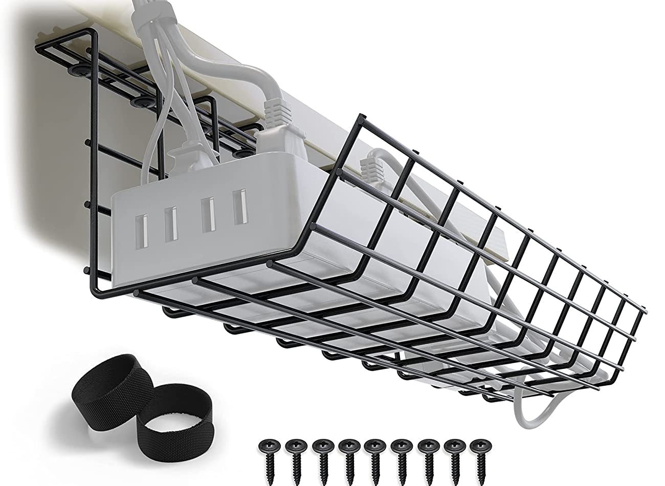 Maximize Space with Perforated Computer Desk Cable Management Rack Tray 43x10x10cm