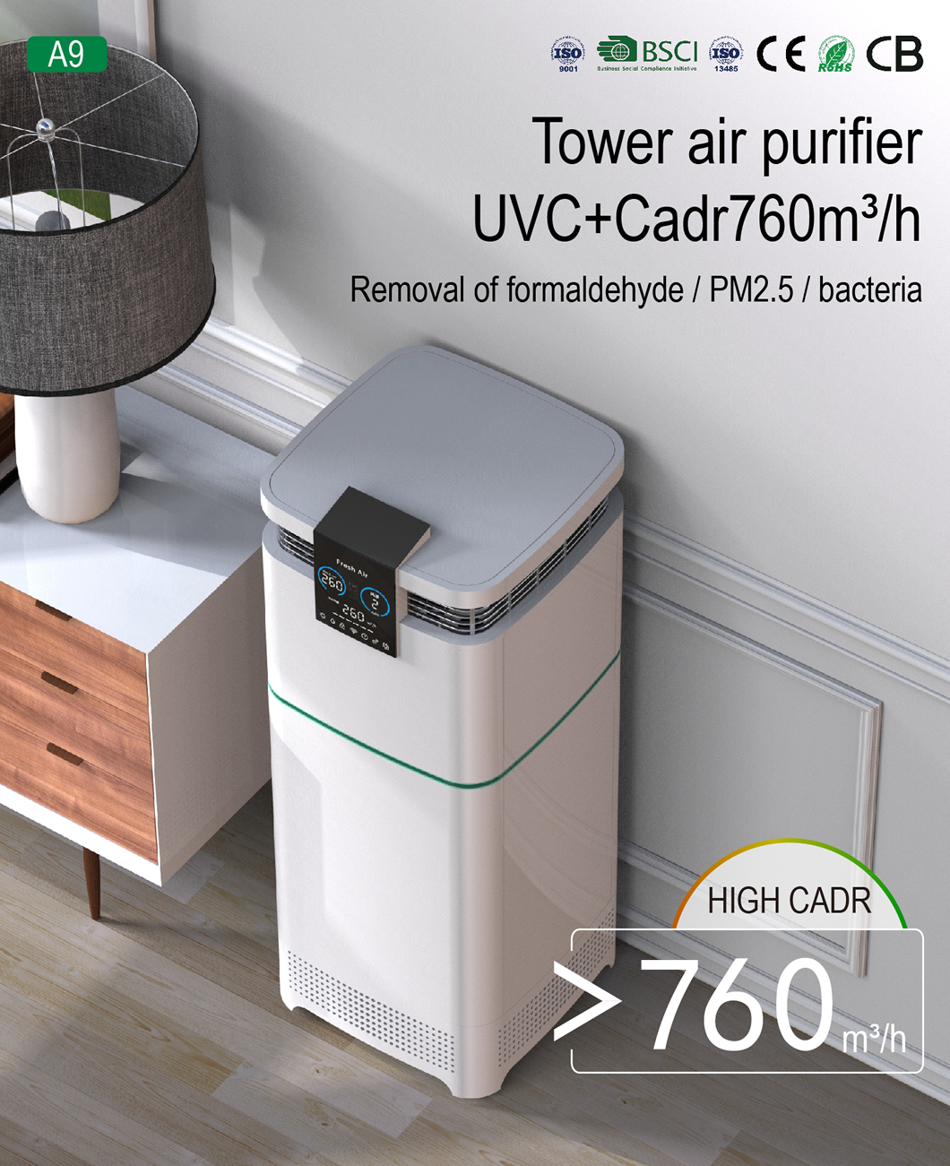 Homefish Intelligent Control Large Coverage Air Cleaner Quiet Operation UV Light Air Purifier With Smart Display Screen