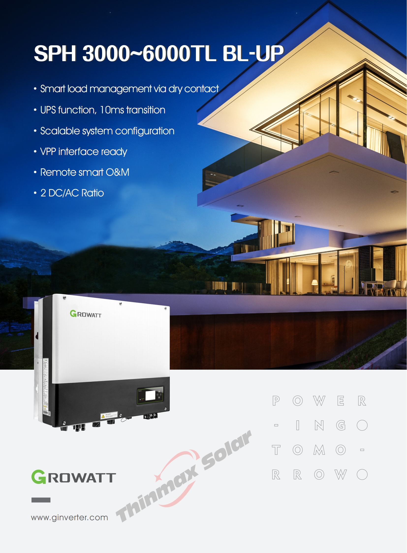 3680w Solar Inverter Single Phase SPH 3600TL BL-UP DC AC Growatt Hybrid Inverter