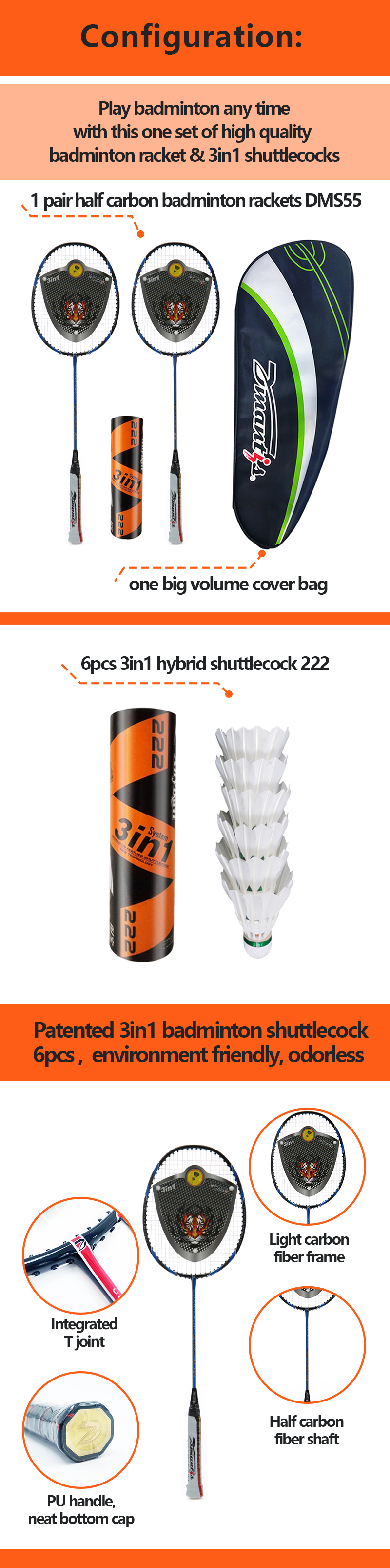 Pu Grip Badminton Racket Set Carbon Fibre Badminton Racquets With 6pcs Shuttlecork